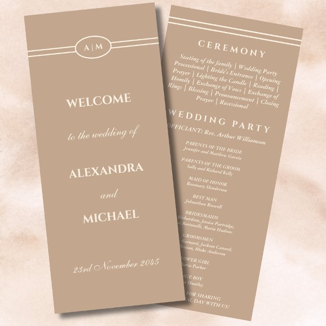 Elegante programa de bodas de crema de monograma (Subido por el creador)