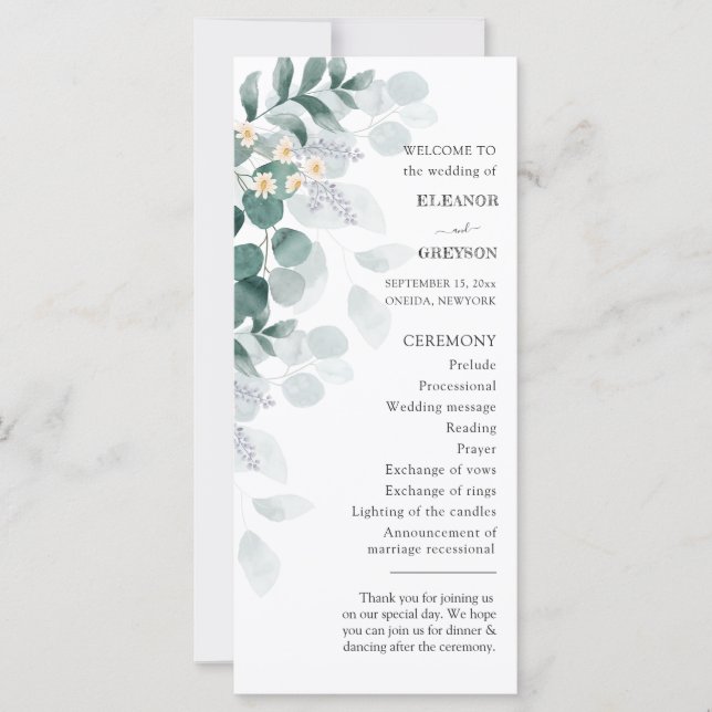 Elegante programa de bodas de eucalipto de acuarel (Anverso)