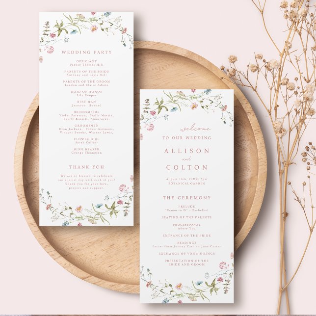 Elegante programa de bodas de flor silvestre rústi (Pink Elegant Wildflower Rustic Boho Wedding Program)
