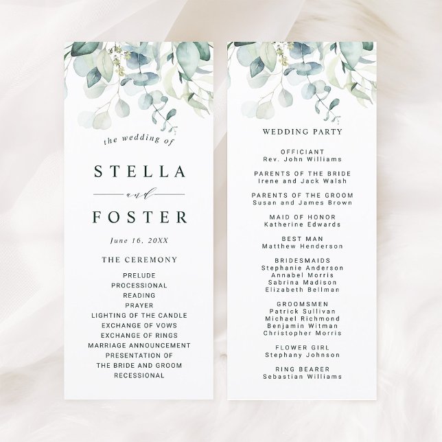 Elegante programa de bodas de follaje verde (Front & Back)