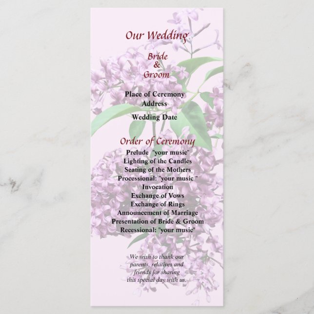 Elegante programa de bodas de Lilacs (Anverso)