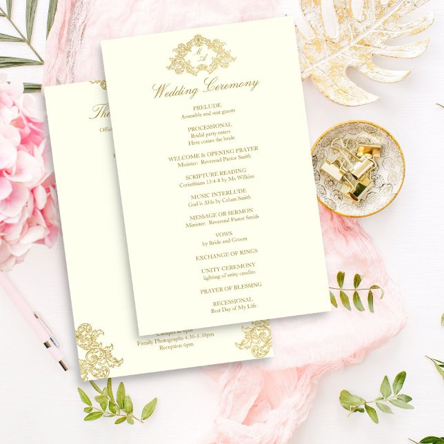 Elegante programa de bodas de marfil y oro (Elegant ivory and gold vintage ornament frame crest monogram wedding program template)