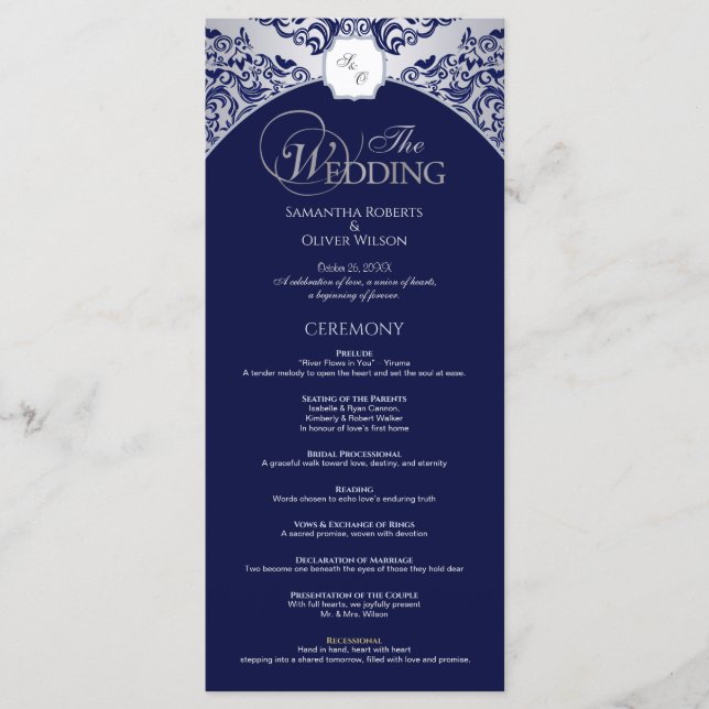Elegante programa de bodas de Monograma Azul Plate (Anverso)