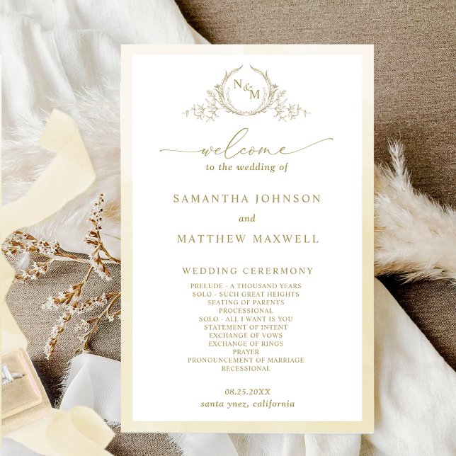 Elegante programa de bodas de monograma de champán (Subido por el creador)