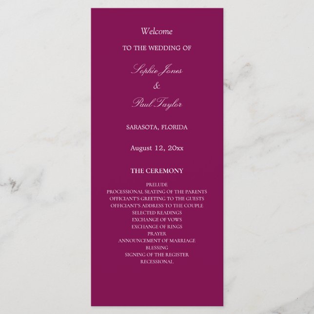 Elegante programa de bodas de mora (Anverso)
