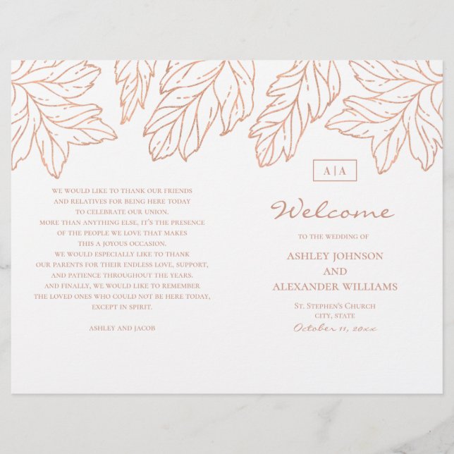 Elegante programa de bodas de oro doblado. Azul bo (Anverso)