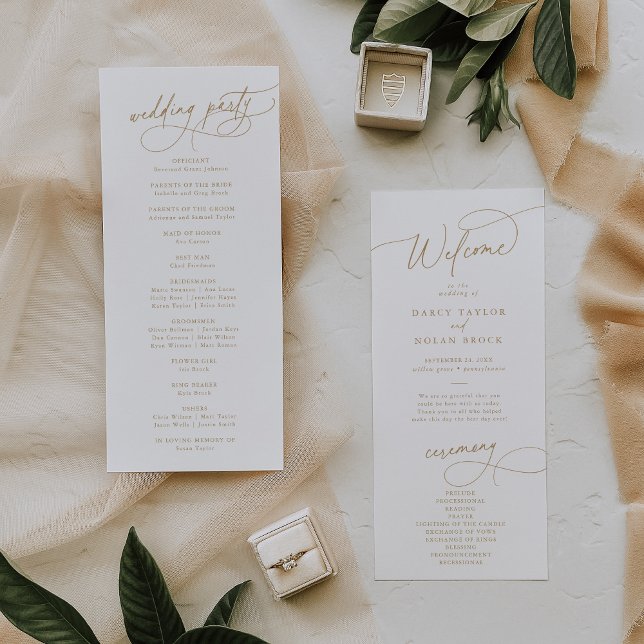 Elegante programa de Bodas de Oro y Blanco Plano d (Elegant Charm Flat White and Gold Wedding Program)
