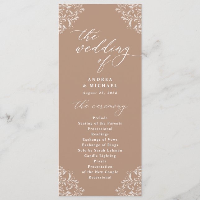 Elegante programa de bodas de taupe beige (Anverso)