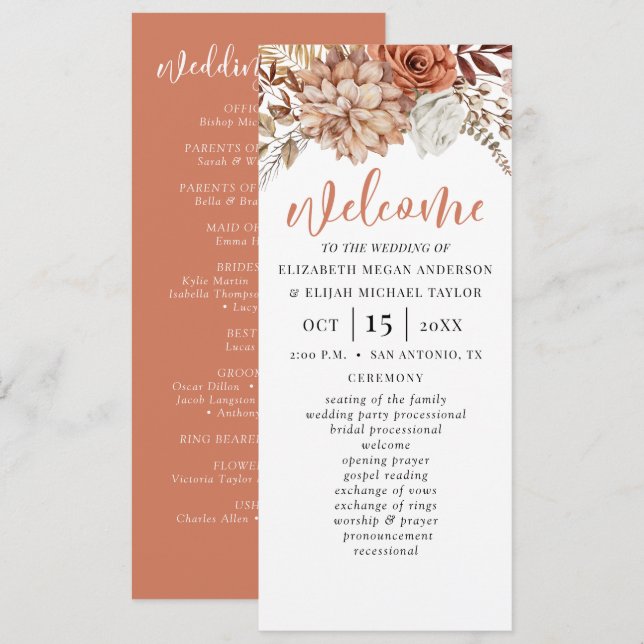 Elegante programa de bodas de terracota floral (Anverso / Reverso)