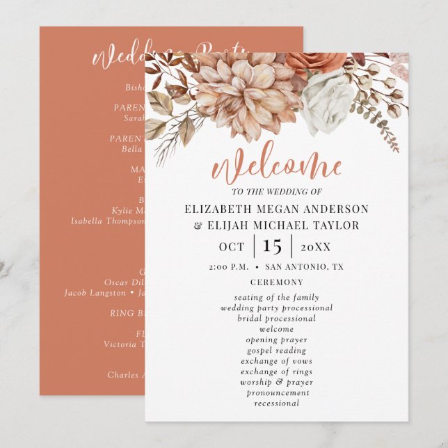 Elegante programa de bodas de terracota floral (Anverso / Reverso)