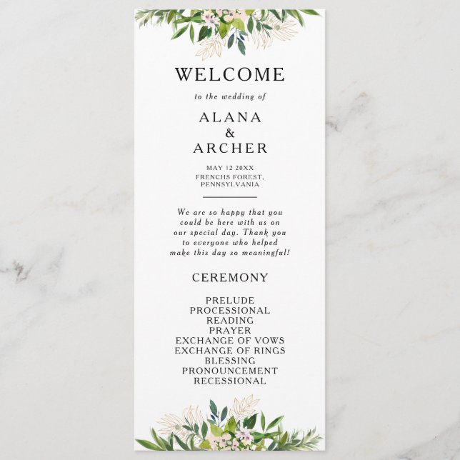 Elegante programa de bodas de vegetación de olivos (Anverso)