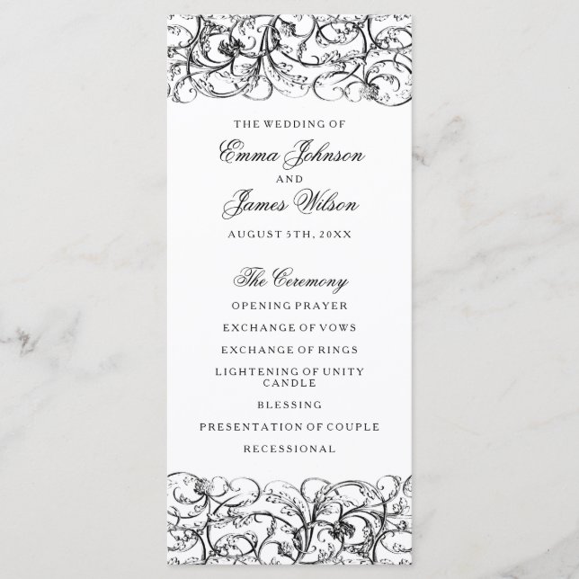 Elegante programa de bodas en blanco y negro (Anverso)