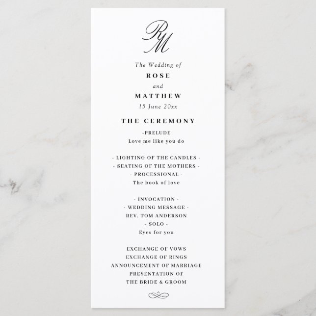 Elegante programa de bodas en blanco y negro (Anverso)