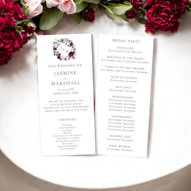 Elegante programa de bodas en monograma floral bur (wedding program burgandy floral monogram )