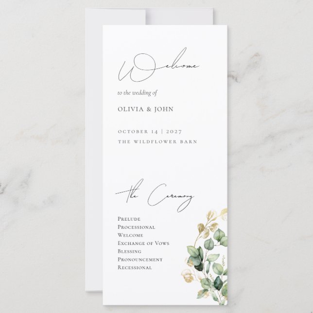 Elegante programa de bodas Eucalyptus (Anverso)