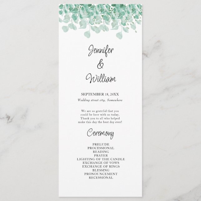 Elegante programa de bodas Eucalyptus (Anverso)