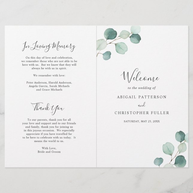 Elegante programa de bodas Eucalyptus Sage Greener (Anverso)