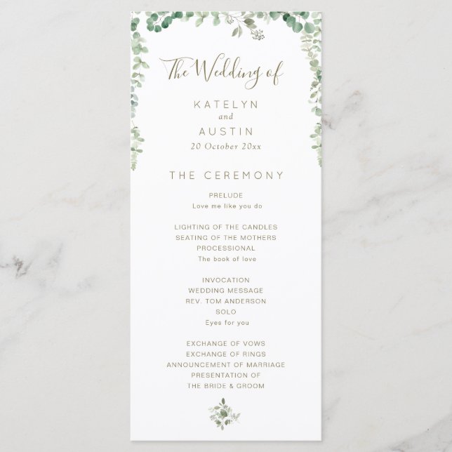 elegante programa de bodas Eucalyptus verde (Anverso)