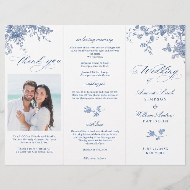 Elegante programa de Bodas Florales Azules Victori (Anverso)