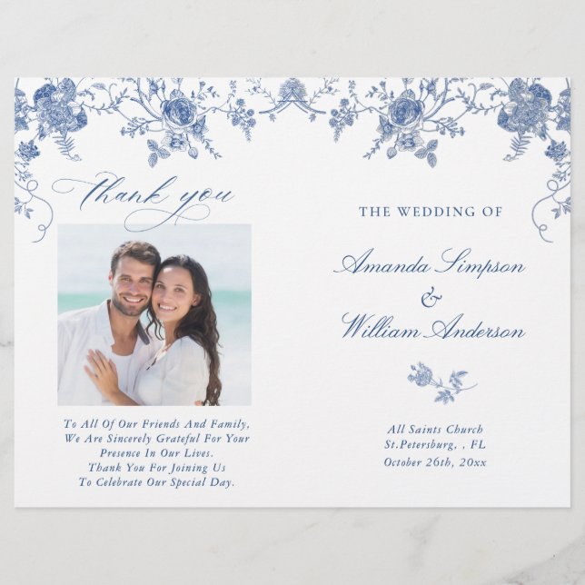 Elegante programa de Bodas Florales Azules Victori (Anverso)