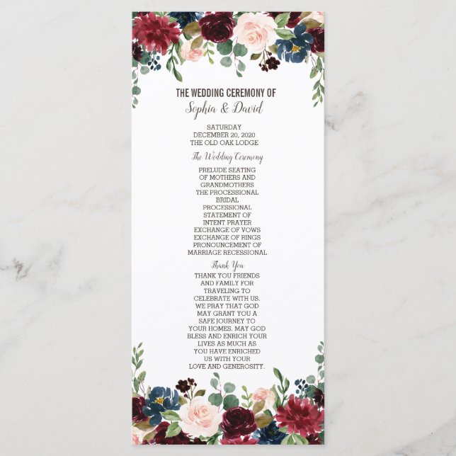 Elegante programa de bodas florales de la Marina M (Anverso)