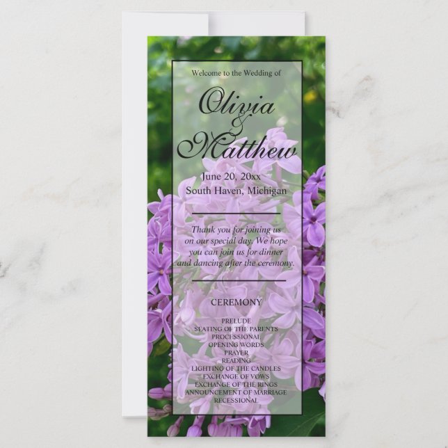 Elegante programa de Bodas Florales Lilac (Anverso)