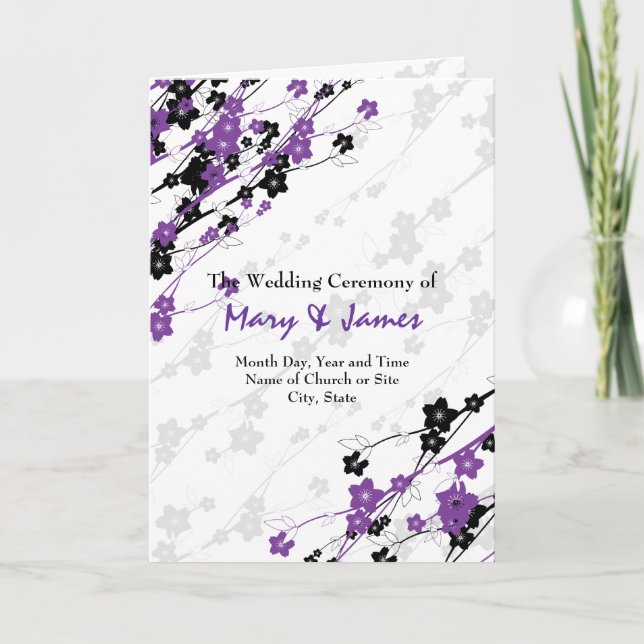 Elegante programa de bodas flores japonesas morada (Anverso)