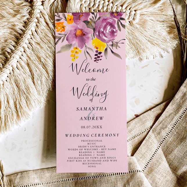 Elegante programa de bodas floridas púrpura en oto (Elegant fall winter purple floral wedding program on pink)