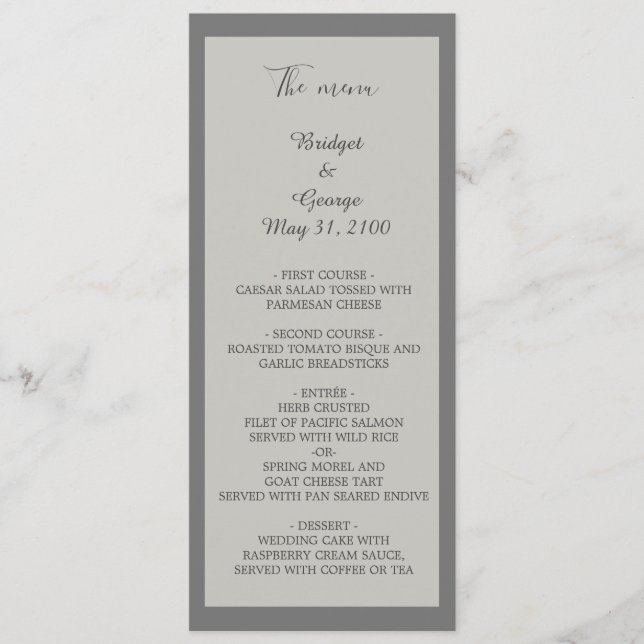 elegante programa de bodas grises y menú (Anverso)