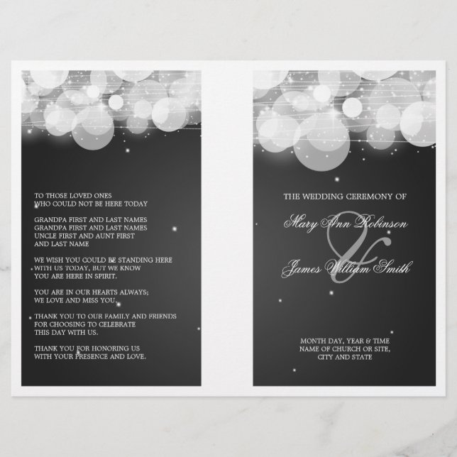 Elegante programa de bodas negro brillante y espar (Anverso)