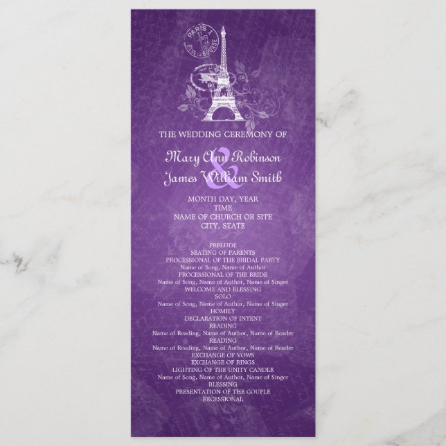 Elegante Programa de Bodas Romántico París Púrpura (Anverso)
