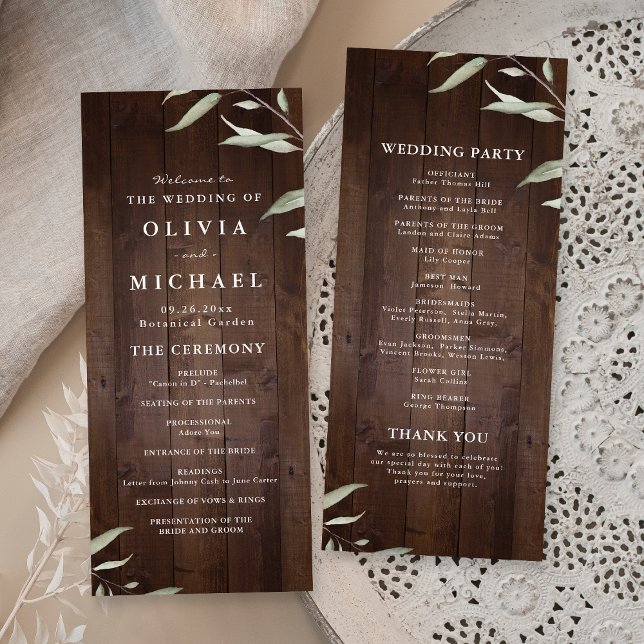 Elegante programa de bodas rústico en madera de gr (Elegant greenery barn wood rustic wedding program)