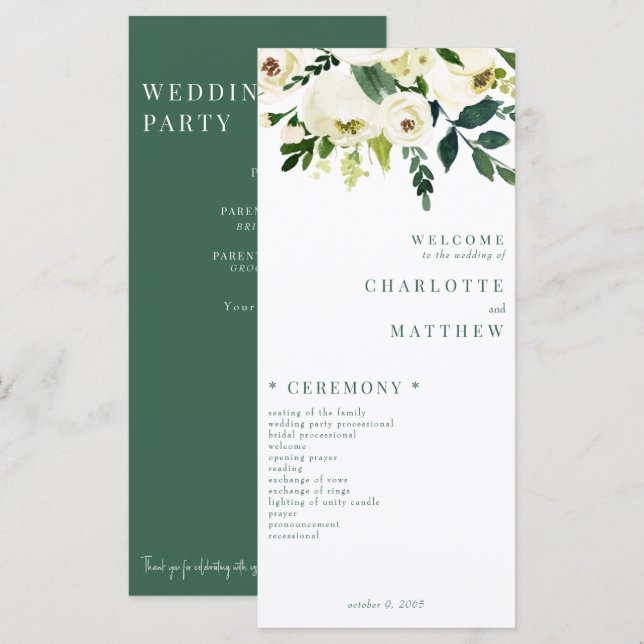 Elegante programa de Bodas Verde y Blanca Floral B (Anverso / Reverso)
