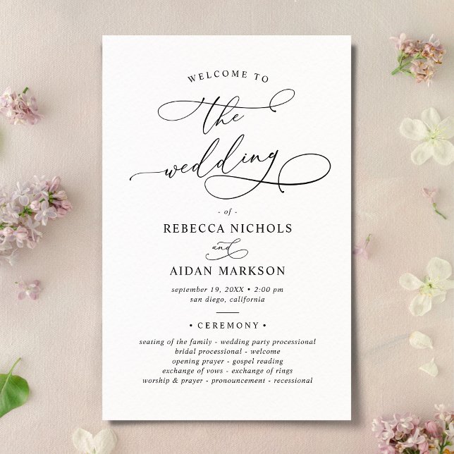 Elegante programa de caligrafía de boda blanca y n (Subido por el creador)