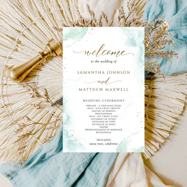 Elegante programa de casamiento azul y verde acuar (Subido por el creador)