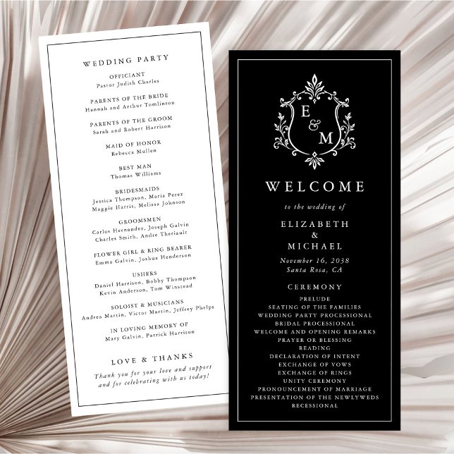 Elegante programa de ceremonia de boda con cresta  (Elegant Monogram Crest Wedding Ceremony Program)