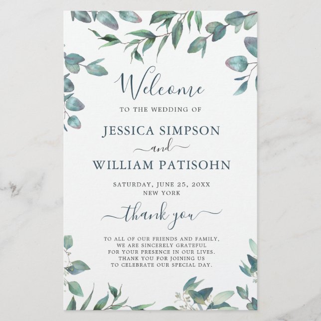 Elegante programa de ceremonias para Bodas Eucalyp (Anverso)