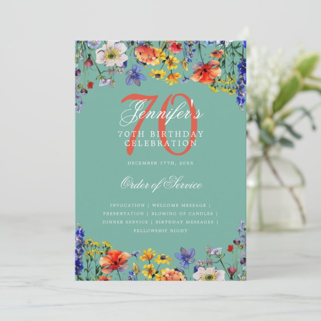 Elegante programa de cumpleaños 70 floral Verde az (Anverso de pie)
