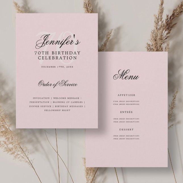 Elegante programa de cumpleaños 70 Rubor Pink con  (Elegant 70th Birthday Program Blush Pink w/ Menu)