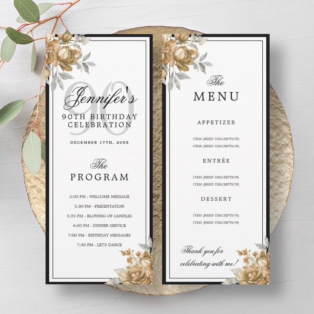 Elegante Programa de Cumpleaños 90 Menu Floral de  (Elegant Gold Floral 90th Birthday Program Menu)