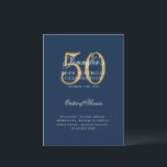 Elegante programa de cumpleaños número 50 Menú azu<br><div class="desc">Elegante diseño "Programa de fiesta de cumpleaños   Menú" con un sofisticado guión de tipografía en oro y azul marino con texto personalizado.</div>