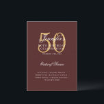 Elegante programa de cumpleaños número 50 Menú de<br><div class="desc">Elegante diseño "Programa de fiesta de cumpleaños   Menú" con un sofisticado guión de tipografía en oro y borgoña con texto personalizado.</div>
