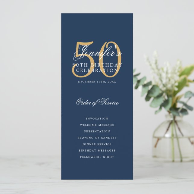 Elegante programa de cumpleaños número 50 Navy Oro (Anverso de pie)