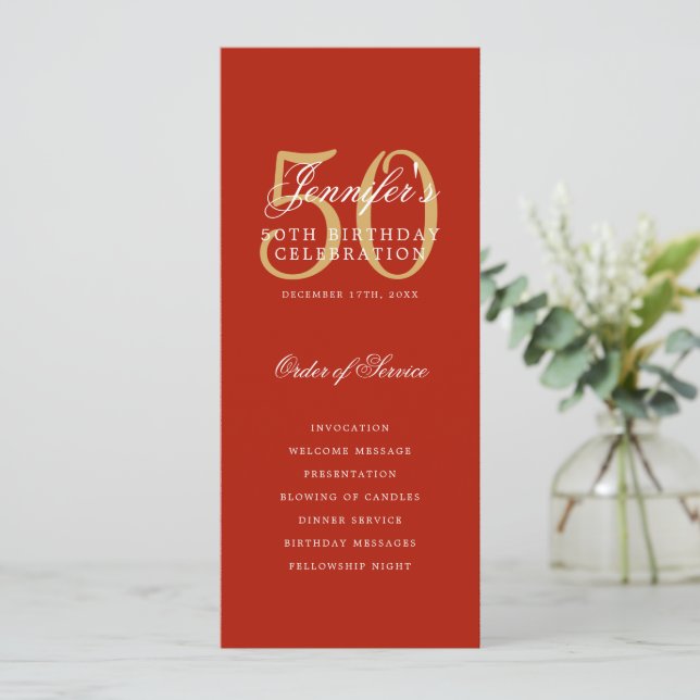 Elegante programa de cumpleaños número 50 Red Gold (Anverso de pie)