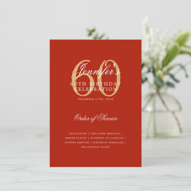 Elegante programa de cumpleaños número 60 Menú roj (Anverso de pie)