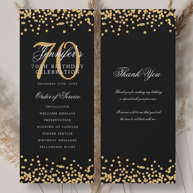 Elegante programa de cumpleaños número 70 gracias  (Elegant 70th Birthday Program Thank You Gold Black)