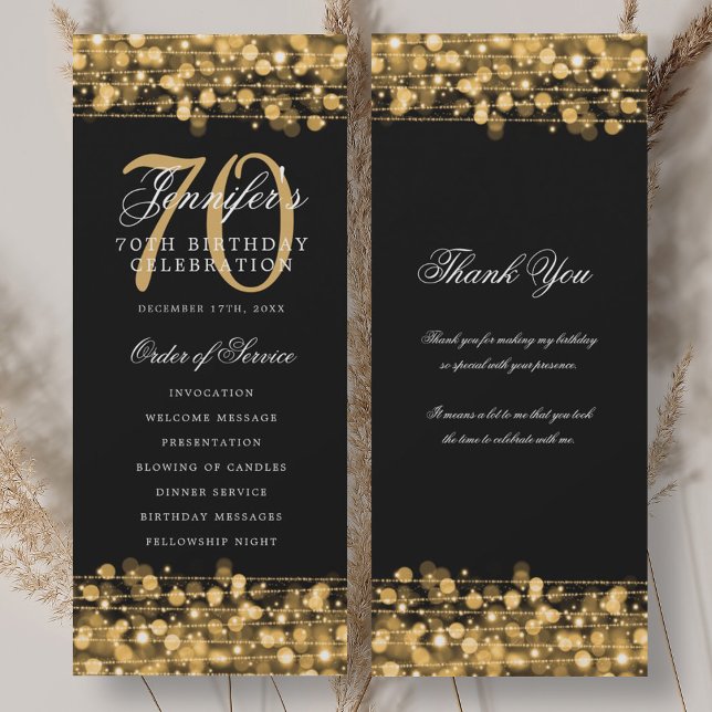 Elegante programa de cumpleaños número 70 Oro con  (Elegant 70th Birthday Program Gold w/ Thank You)