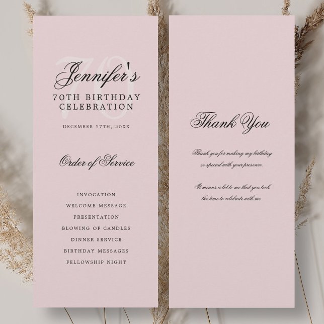 Elegante programa de cumpleaños número 70 Rubor Pi (Elegant 70th Birthday Program Blush Pink Thank You)