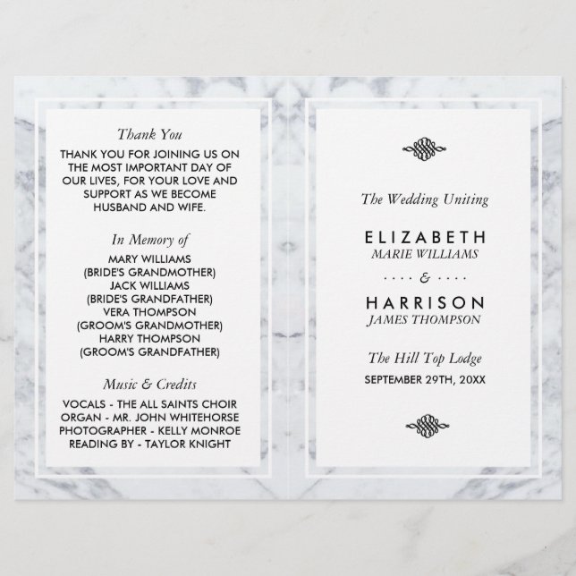 Elegante programa de doble plegado de Boda de márm (Anverso)