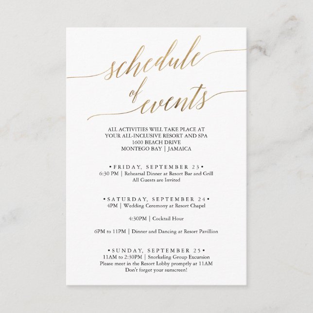 Elegante programa de eventos de oro y Boda negro (Anverso)